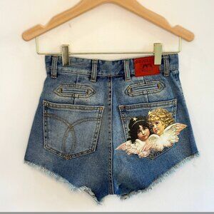 Fiorucci High-Waisted Blue Denim Shorts with Cherub Detail